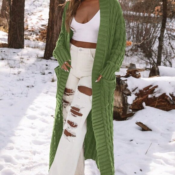 Sweaters - Army Green Women's Casual Oversized Long Sleeve Cable Knit Open Front Cardigan